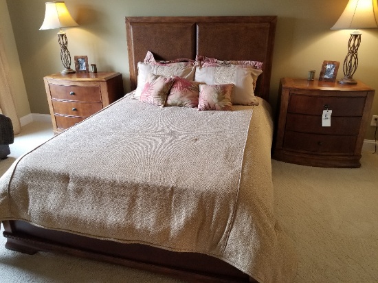 Queen size bed with matress, boxspring, bedding, and 2 matching nightstands