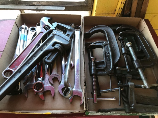 Assorted C clamps and wrenches