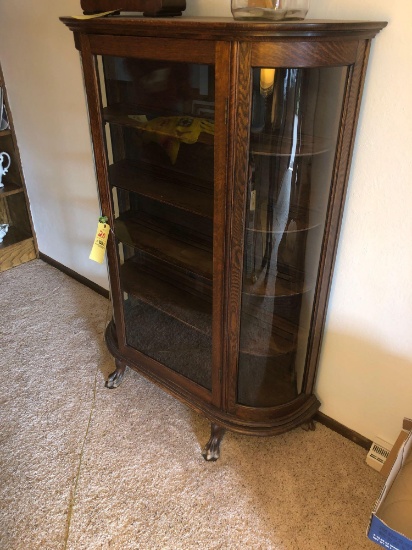 Oak Curved-Glass Curio Cabinet With Claw Feet
