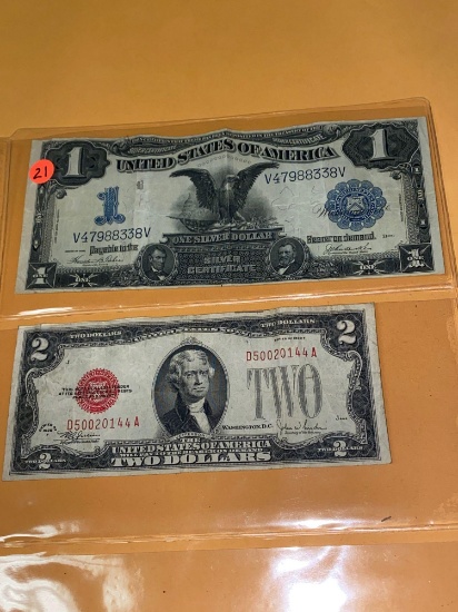 1899 One Dollar silver certificate & 1928 Two Dollar U. S. Note