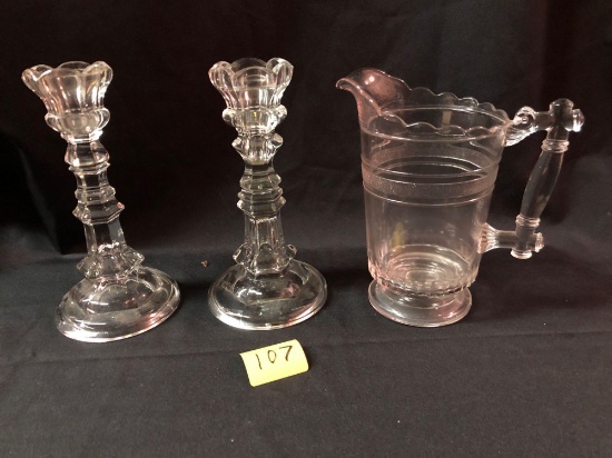 Early pattern Glass Pitcher & Candlesticks