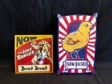 Bond bread tin sign, Tin chicken clock