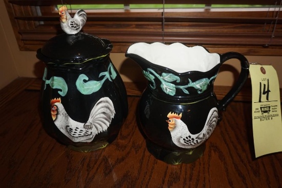 Midnight Rooster pitcher, covered jar
