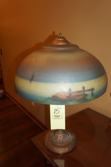 Reverse painted lamp w/ cast iron base