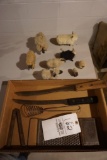 Primitive kitchenware, sheep figures