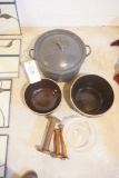 Large graniteware pot, stoneware bowls, spools