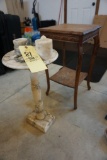 Oak fern stand, marble side table (broken handle)