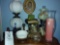 Assorted Glassware incl. Hobnail Milk Glass Banquet Lamp, Bulova Clock, & Decor