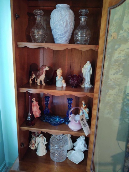 Assorted Glassware incl. Fenton Basket, Blue Hobnail, Decanters & Figurines