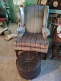 Striped Upholstered High-Back Armchair w/ Foot Stool