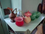 Assorted Glassware incl. Roseville Pitcher, Hobnail Vases & Basket