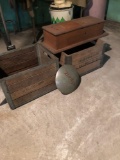 Two crates, hub cap, wall phone case table, and coat rack