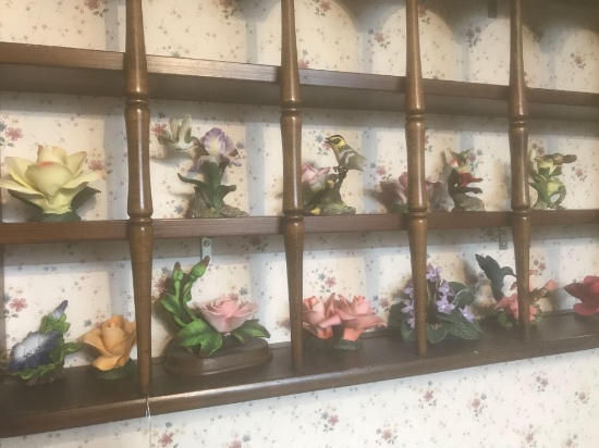 Ceramic flowers and birds. Some chipped. SHELF NOT INCLUDED.