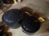 Enamel Pots and Wire Basket