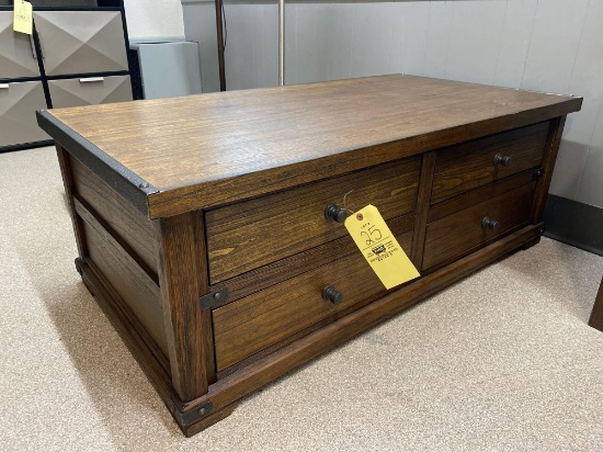 Rustic oak finish with metal trim coffee table with drawers