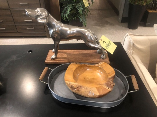 Metal coon dog statue, wood bowl, metal serving tray.