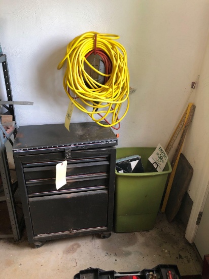 Small tool chest, tools and extension cords