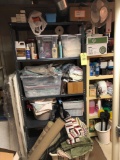 Metal shelf, car cleaning items, rugs, placemats, fan, etc.