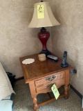 Oak end table, lamp, prints