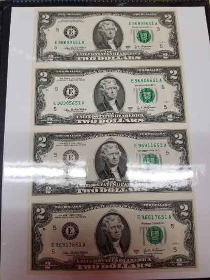 4 uncut $2 bills, 2003, President Thomas Jefferson $1 coin