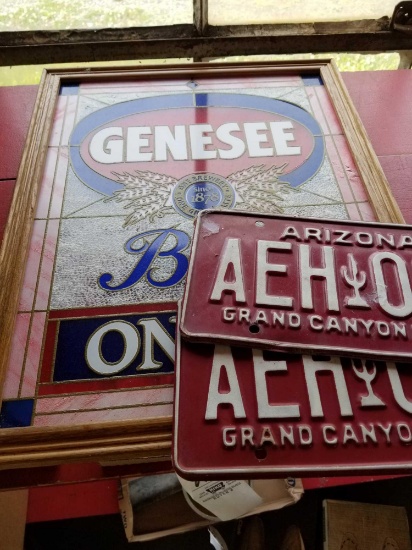 Genesee glass sign, 2 Arizona plates