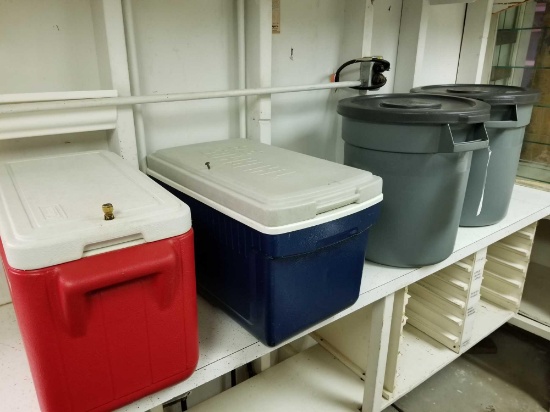 2 coolers, 2 tea small bins with lids