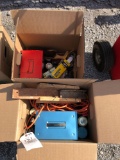 Two boxes of hardware organizers, wire brushes, extension cord