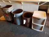 3 trash cans, organizer bin