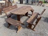 Wood picnic table with four benches