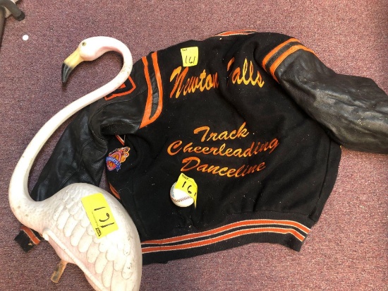 2007 Newton Falls letterman?s jacket, flamingo, and a baseball