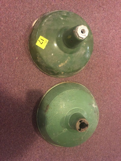 2 Green industrial enamel light fixtures