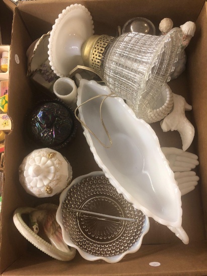 Box of glassware including milk glass and carnival glass