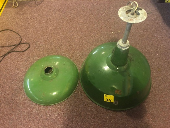 Two vintage green enamel hanging industrial lights