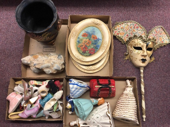 Porcelain shoes, porcelain figurines, mask with some damage, and miscellaneous