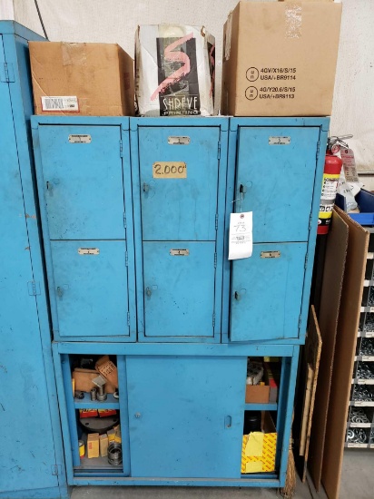 Metal Lockers and Shelf with Contents
