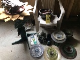 Glassware, crock, bowl, plant stand