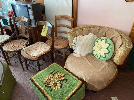 Desk, 2 door cabinet, cane seat chairs, night stand with tv, 2 upholstered chairs