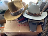 Stetson hats, metal tea cart, goggles, bath towels, window air conditioner
