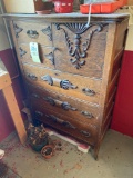 Early oak bachelors chest with applied carvings