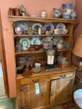 Rustic oak open top china hutch and contents