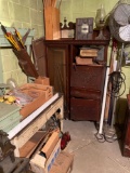 Antique drop front secretary, early table, birdcage, nailkeg