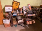 Contents of work bench, meat grinder, camera, saw, hardware