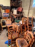 Large group of cane seat chairs, wash tubs, treadle sewing machine, aluminum chairs, two safes