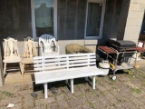 Small gas grill, plastic bench, plastic chairs, plastic, 4 wood chairs,