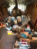 Large lot of organizers, propane tanks, gas cans, wood extension ladder, car parts