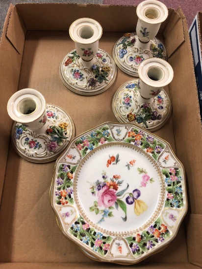 Dresden hand-painted candlesticks and plates