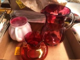 Glassware, pitchers, green depression juicer, etc.