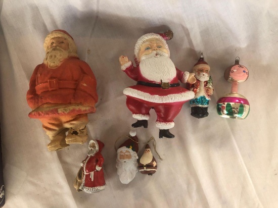 Paper-mache Santa, Goebel Santa, plastic Santa, various other Santas, vintage glass Christmas balls