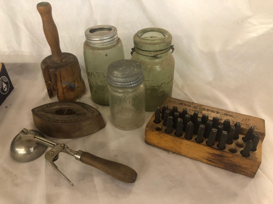 Primitive wooden mallet, vintage jars, sad iron, ice cream scoop, alphabet Punch set
