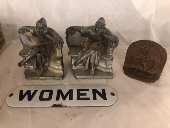 Heavy metal cast figurines, porcelain women sign, bookend, wooden tray
